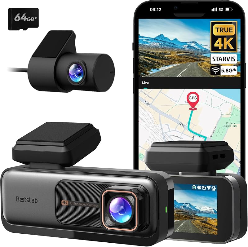 BOTSLAB 4K Dash Cam Front and Rear with GPS WiFi 64GB Card