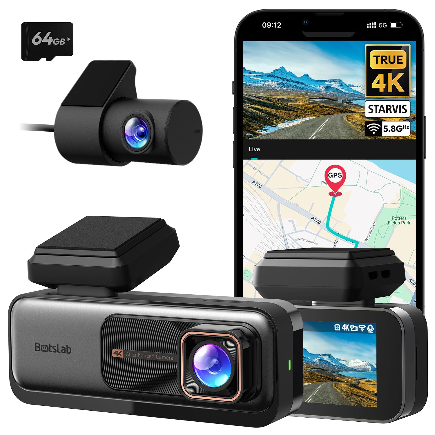 BOTSLAB 4K Dash Cam Front and Rear, 4K Car Dash Cam Front and 2K Rear Camera, Night Vision, STARVIS Dash Cam, ADAS, 170° Wide Angle, Built-in GPS and WiFi, 24/7 Parking Mode, Included 64 GB SD Card