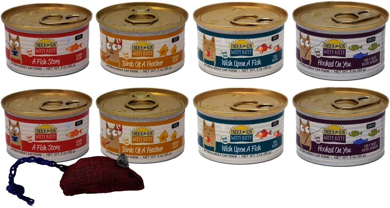 Under the Sun Witty Kitty Grain Free Kitten & Adult Cat 4 Flavor Variety 8 Can Bundle with Toy, 2 Each: A Fish Story, Birds of a Feather, Wish Upon a Fish, Hooked On You (3 Ounces)