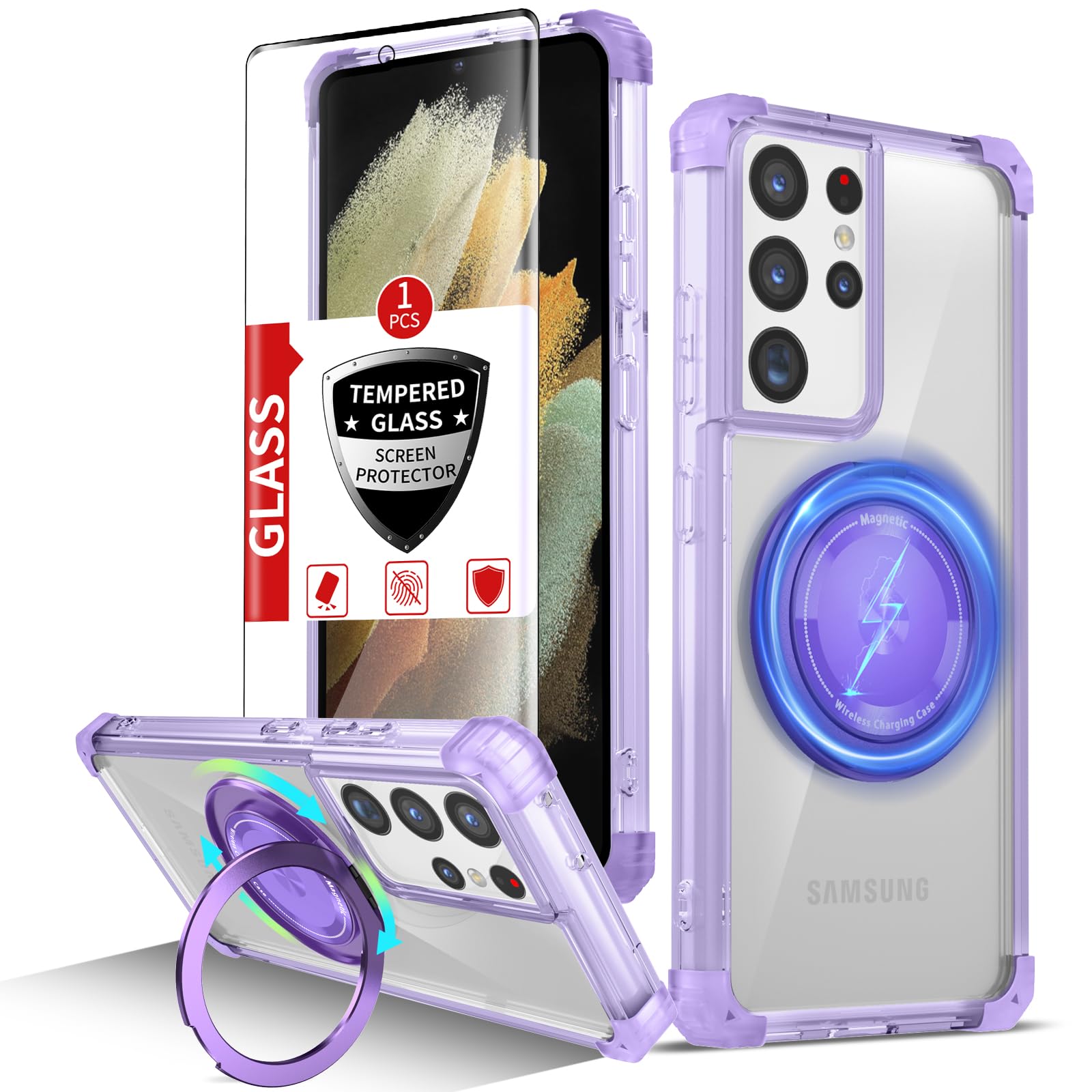 Photo 1 of IYTRRYH for Samsung Galaxy S21 Ultra Case Compatible with MagSafe Magnetic,with Screen Protector,with Kickstand Ring Military Grade Drop Heavy Duty Protection Shockproof for S21Ultra Phone Case Purple