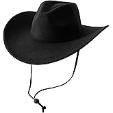 Lanzom Women Men Retro Felt Wide Brim Western Cowboy Cowgirl Hat Dress Up Hat with Wind Lanyard