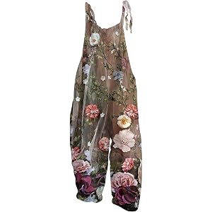 WANZZXCSL Spring Summer Plus Size Boho Overalls for Women 2026 Hippie Cloth Floral Print Jumpsuits Spaghetti Strap Rompers