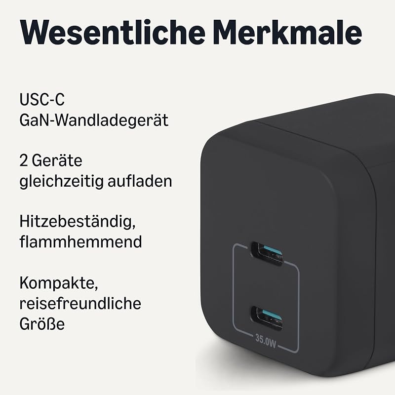 USB-C-Wandladegerät mit Nano-GaN-Technologie und Schnellladefunktion, 35W, 2 Anschlüsse für Tablets/Telefone, Schwarz — Foto 2 von 5