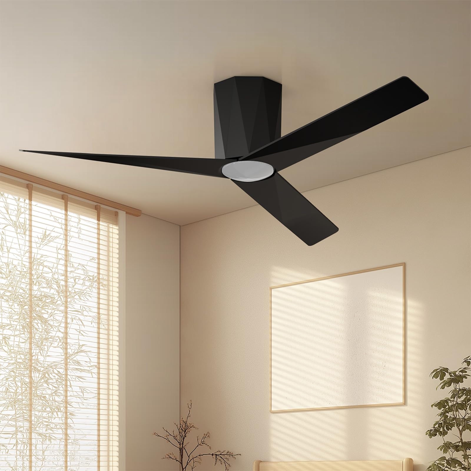 Photo 1 of Roomratv Black Ceiling Fans with Dimmable Led Lights, 52 Inch Flush Mount Ceiling Fan Remote Control, Quiet DC Reversible Motor for Summer Winter, Low Profile Modern ABS Blades Indoor Use, ETL Listed