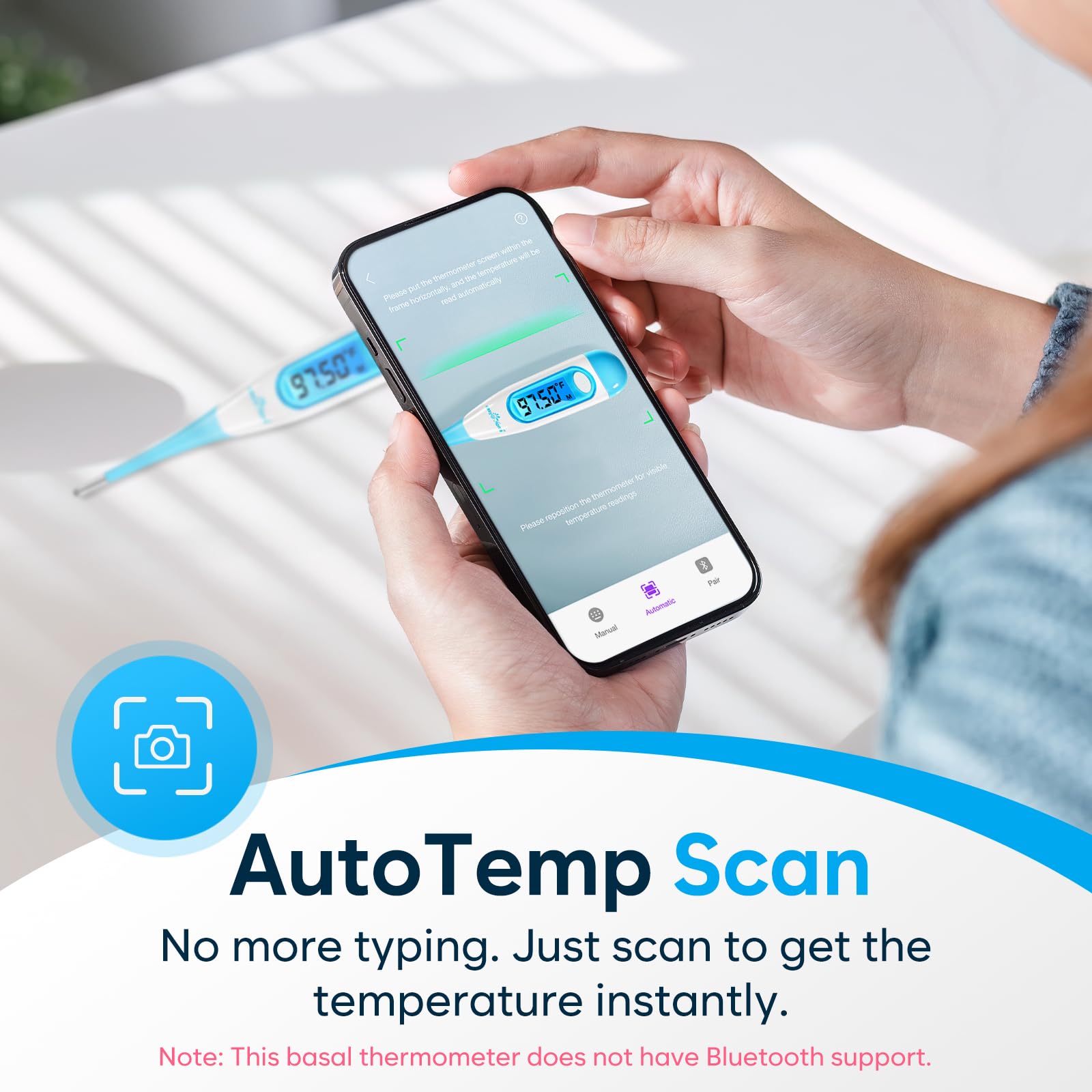 Easy@Home Digital Basal Thermometer with Blue Backlight LCD Display, 1/100th Degree High Precision and Memory Recall, NOT Bluetooth Enabled – Supports Premom App Scan, Blue