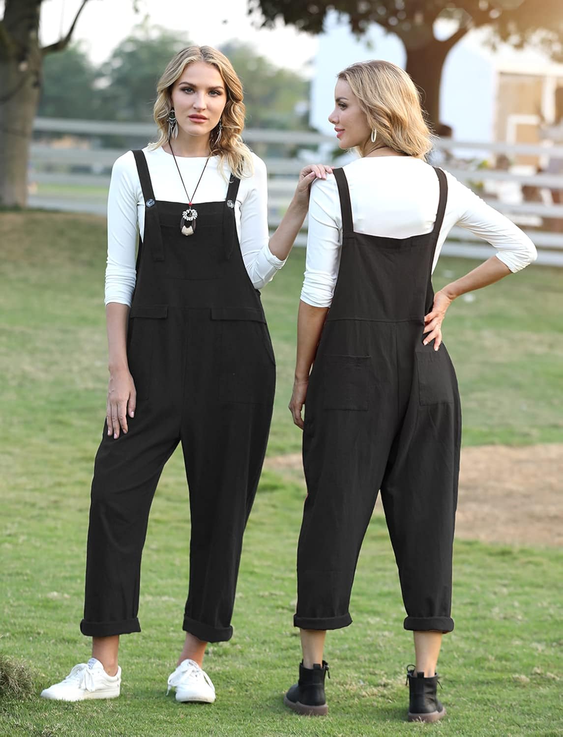YESNO Women Long Casual Loose Bib Pants Overalls Baggy Rompers Jumpsuits with Pockets PV9: Clothing