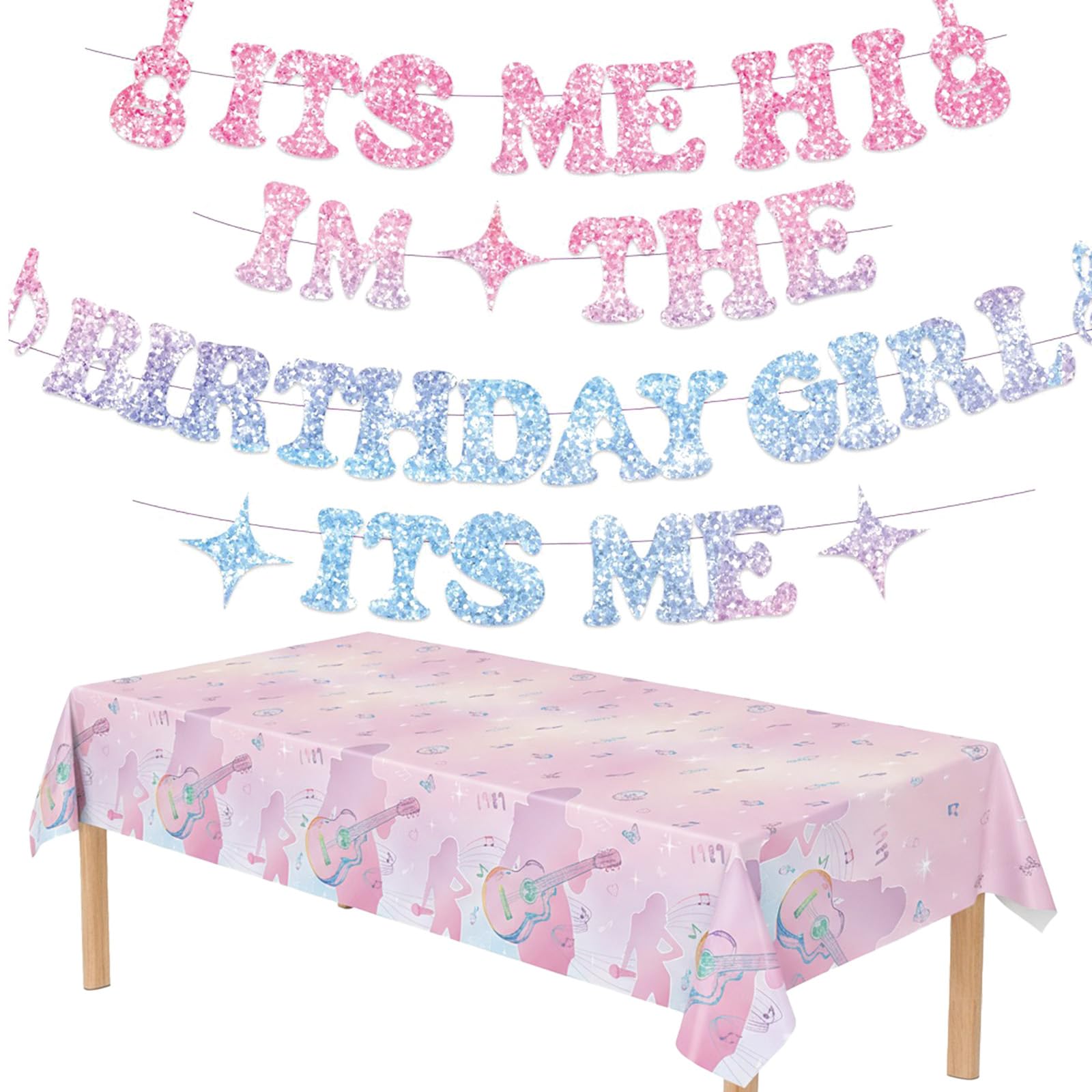 Qwrqwr Hot Birthday Party Decorations Iridescent Glitter “It’s ME Hi I’m the Birthday Girl” Banner with Table Cloth Music Themed Curtain Decorations for Party Photo Backdrop of Wall and Table (Pink)