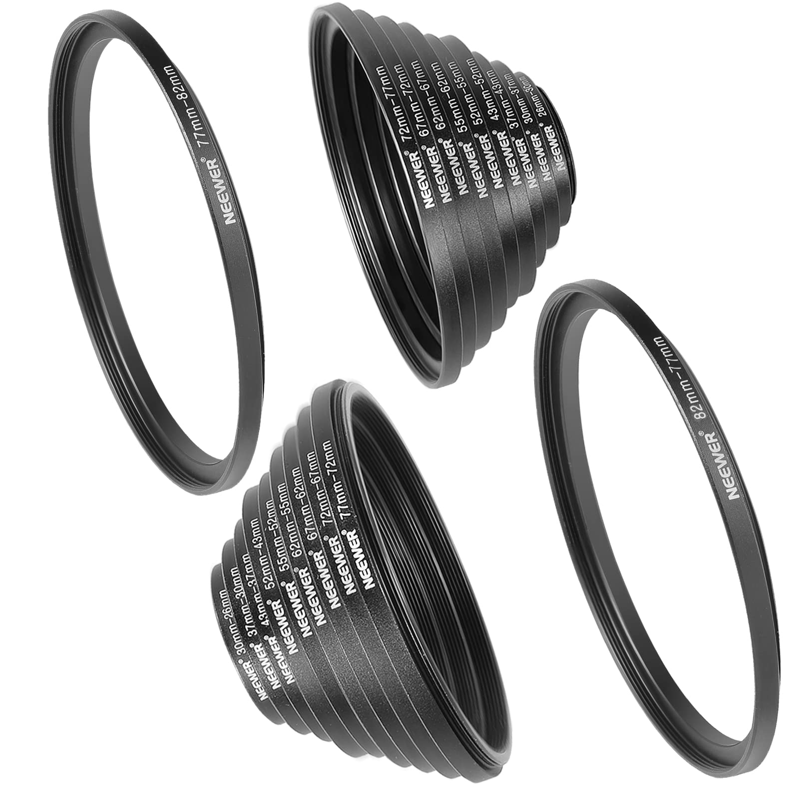 Neewer Anodized Black Metal Lens Filter Adapter Ring Kit - 20 Pieces, Includes Step Up & Step Down Adapter Rings