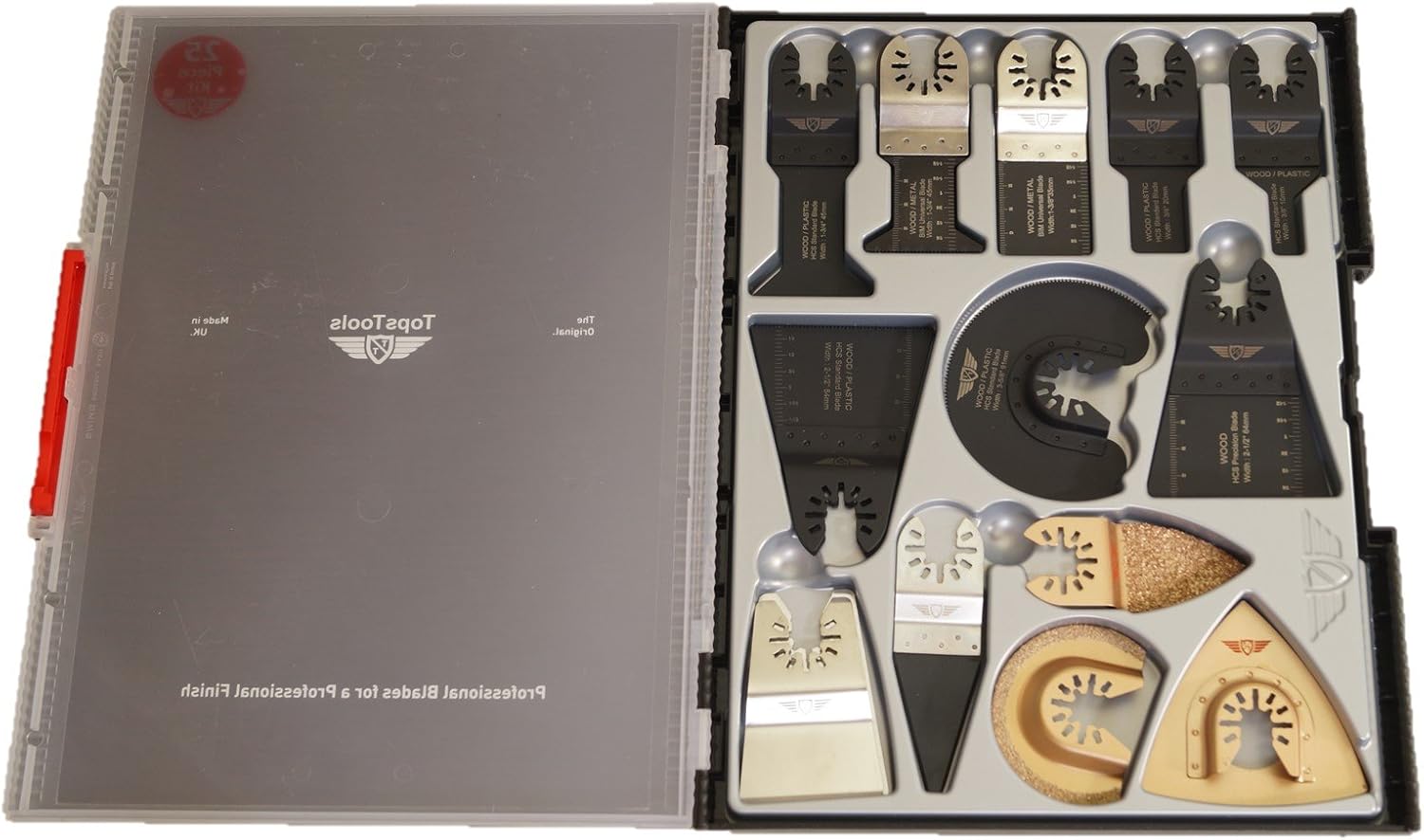 18 x TopsTools SW_FAK18 Fast Fit Mix Blades Case Box Set Compatible with Dewalt Stanley Black and Decker Bosch Fein (Non-StarLock) Makita Milwaukee Hitachi Parkside Ryobi Worx Workzone Multitool