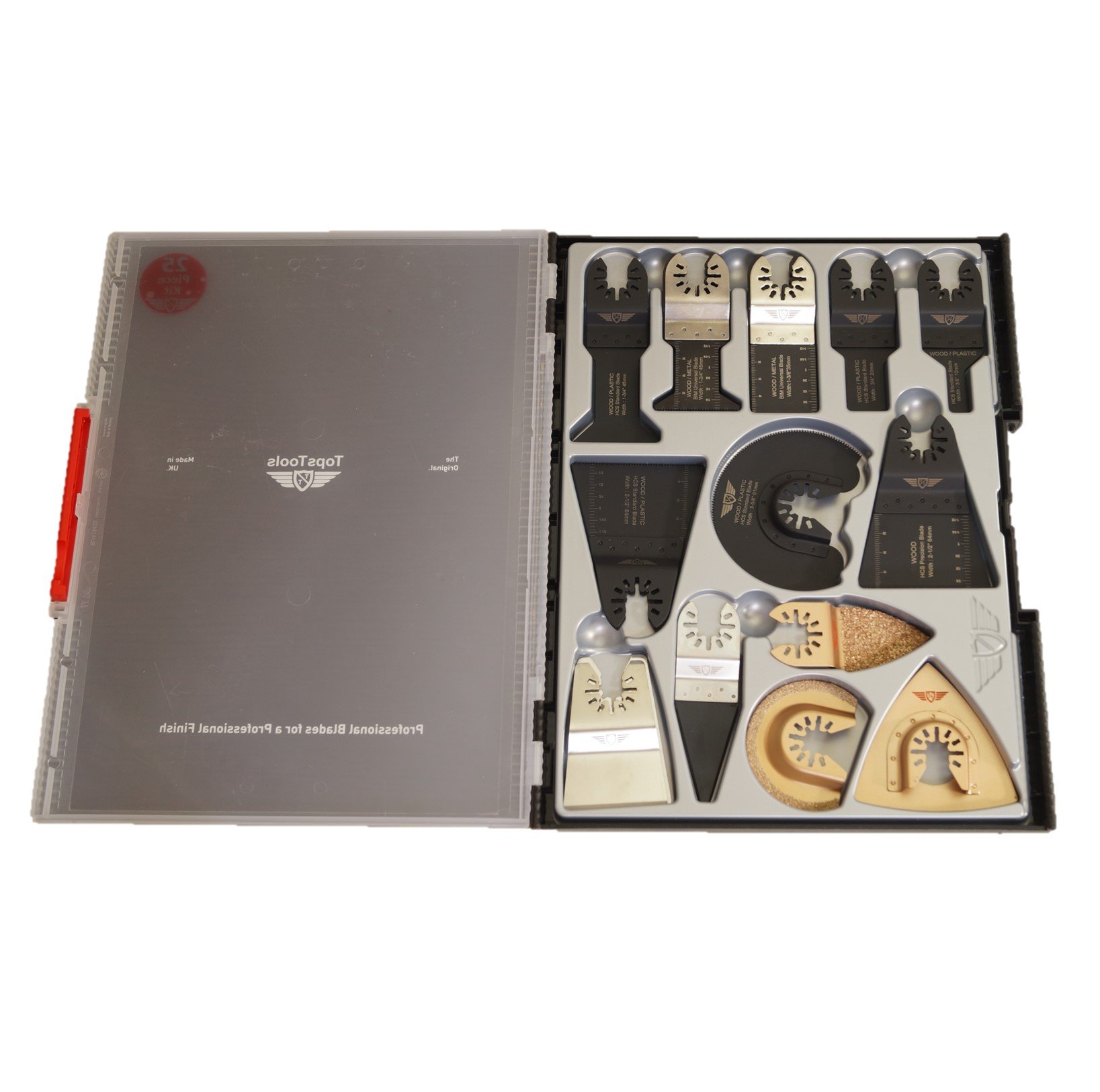 18 x TopsTools SW_FAK18 Fast Fit Mix Blades Case Box Set Compatible with Dewalt Stanley Black and Decker Bosch Fein (Non-StarLock) Makita Milwaukee Hitachi Parkside Ryobi Worx Workzone Multitool