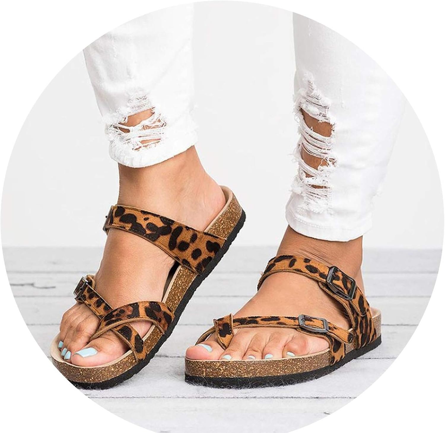 Amazon.com | Female Sandals Women Flats Retro Leopard Print Flats Sandals Thick-Soled Cork 