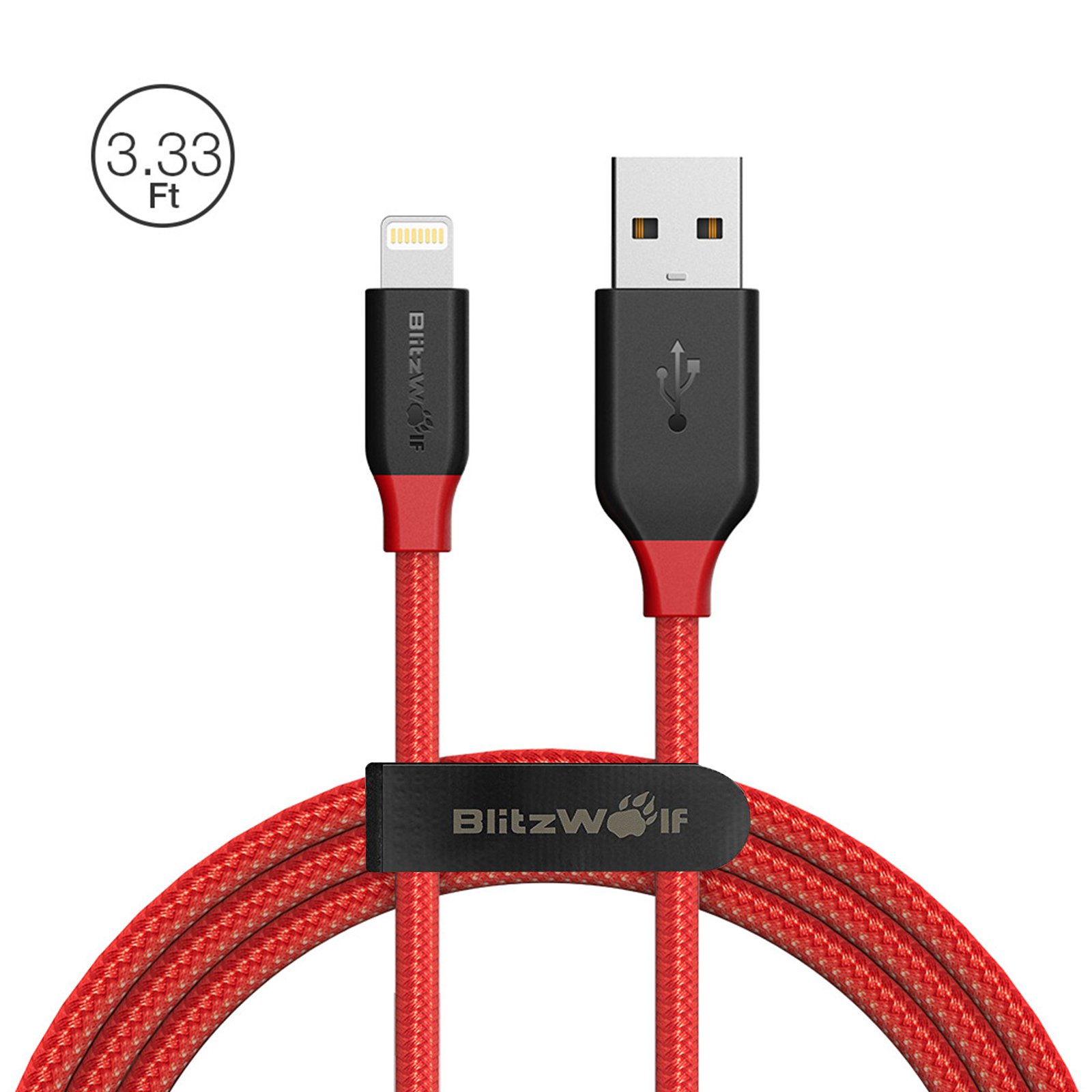 Lightning Charger Apple MFI Certified, BlitzWolf 1m Braided Lightning Cable Nylon Apple Charger with velcro strap for iPhone 6S Plus 6 Plus 7 Plus 5 5S 5C SE, iPad Pro Air, iPad Mini 2 3 4, iPod(Red & Black)