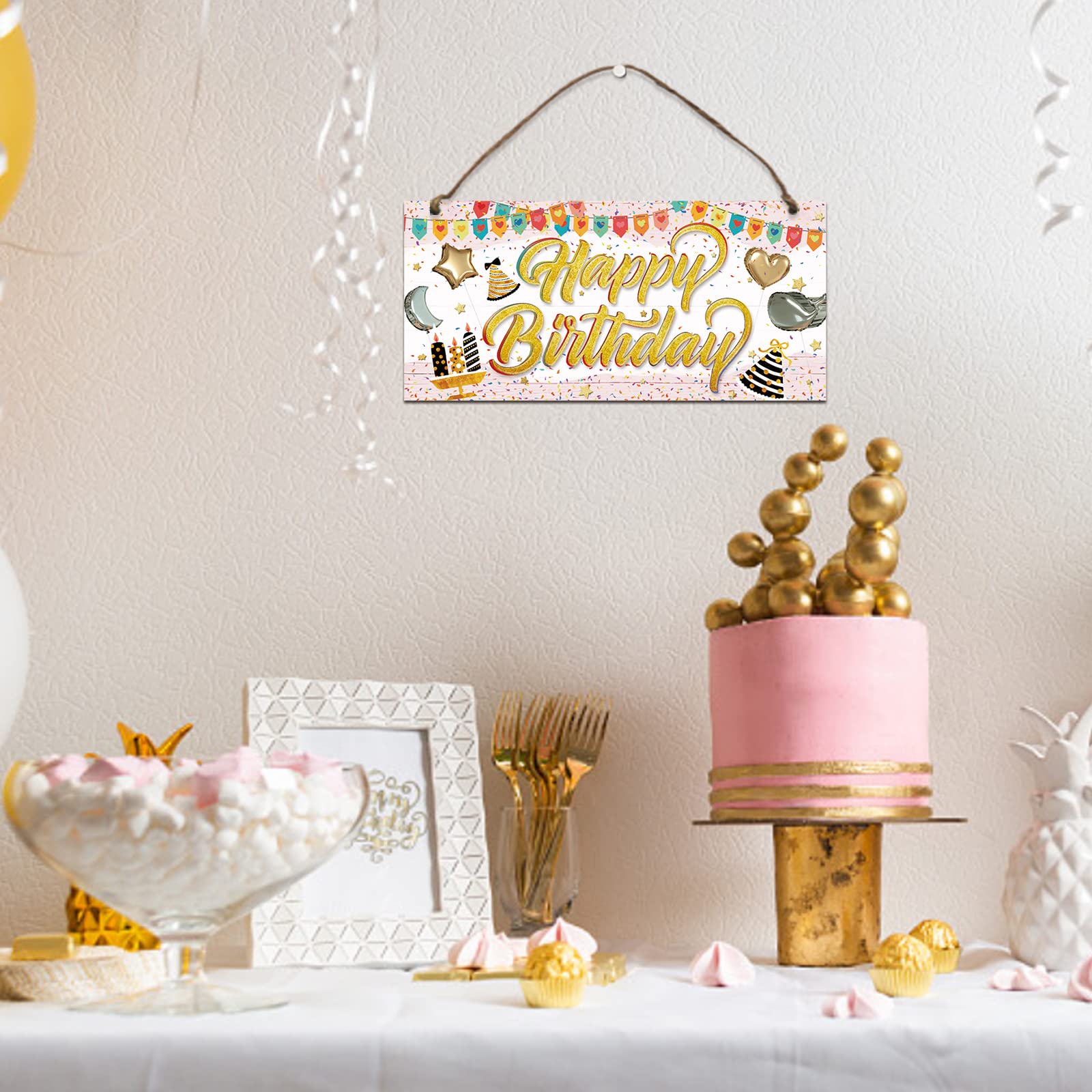 PLIGREAT Happy Birthday Wood Sign, Hanging Wall Decor Window Decor Door Decor, Reusable Wooden Sign Decorative Plaques for Birthday Party Decorations