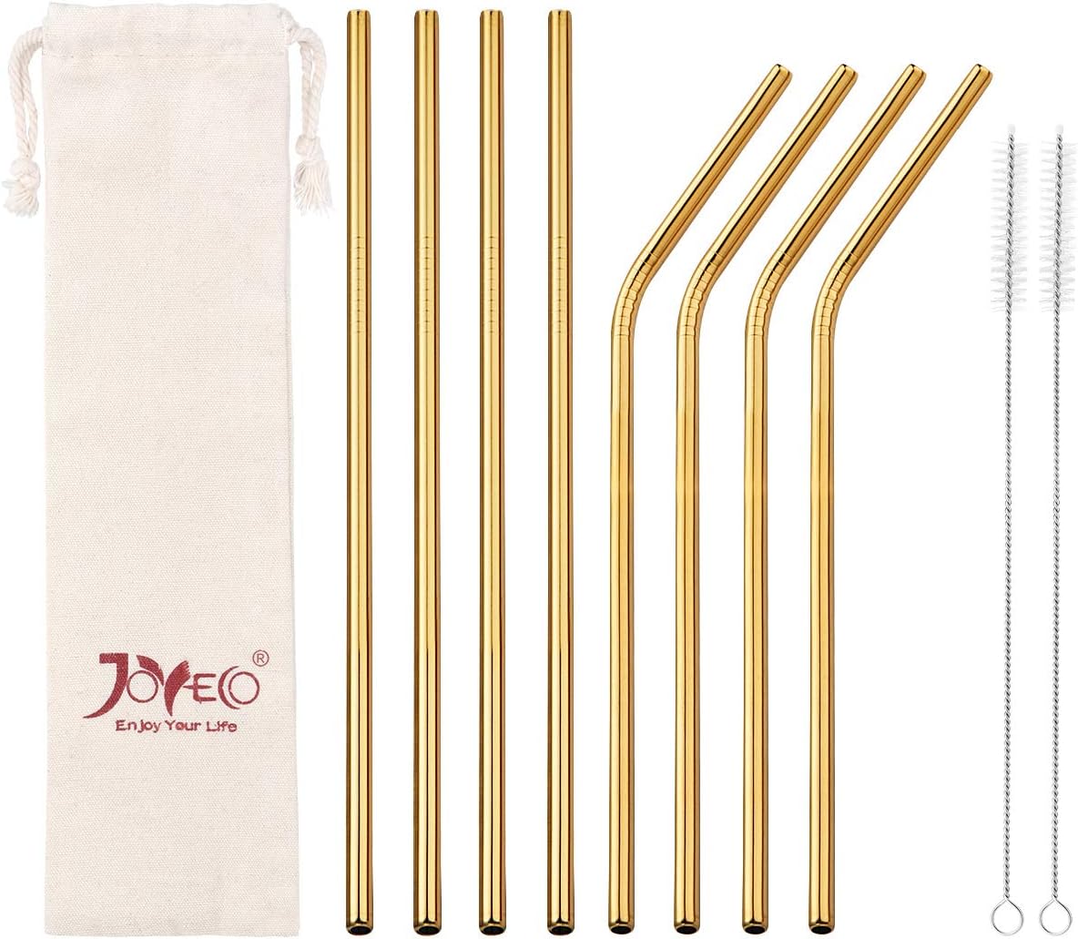 JOYECO Stainless Steel Drinking Straws, Gold Reusable Drink Straw for 20oz Tumblers Rumblers Cold Beverage (Set of 8, 4 Bent + 4 Straight + 2 Brushes)