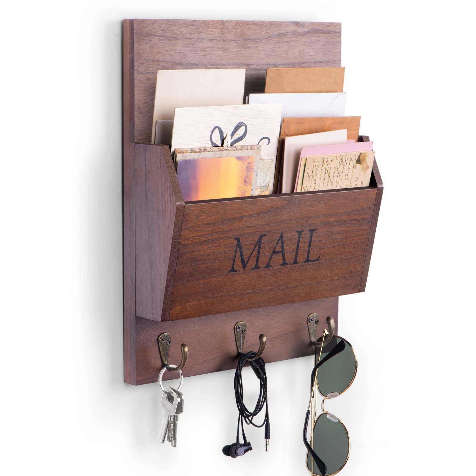 Photo 1 of DLQuarts Mail Organizer with Key Holder for Wall Decorative Mail Sorter Wall Mounted, Wooden Mail Holder with 3 Hooks, Dark Brown