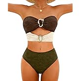 Jolefille High Waisted Bikini Sets for Women Bandeau Strapless Swimsuits Tummy Control Bathing Suit Ribbed 2 Piece Swim Suits