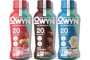 OWYN ONLY WHAT YOU NEED OWYN Protein Shake Variety Pack, Strawberry Banana, Dark Chocolate, Smooth Vanilla Flavored Protein Shakes, 20g Protein, 4g Sugar, 3g Fiber, Dairy Free, Plant Based Protein Drink, 12 Count
