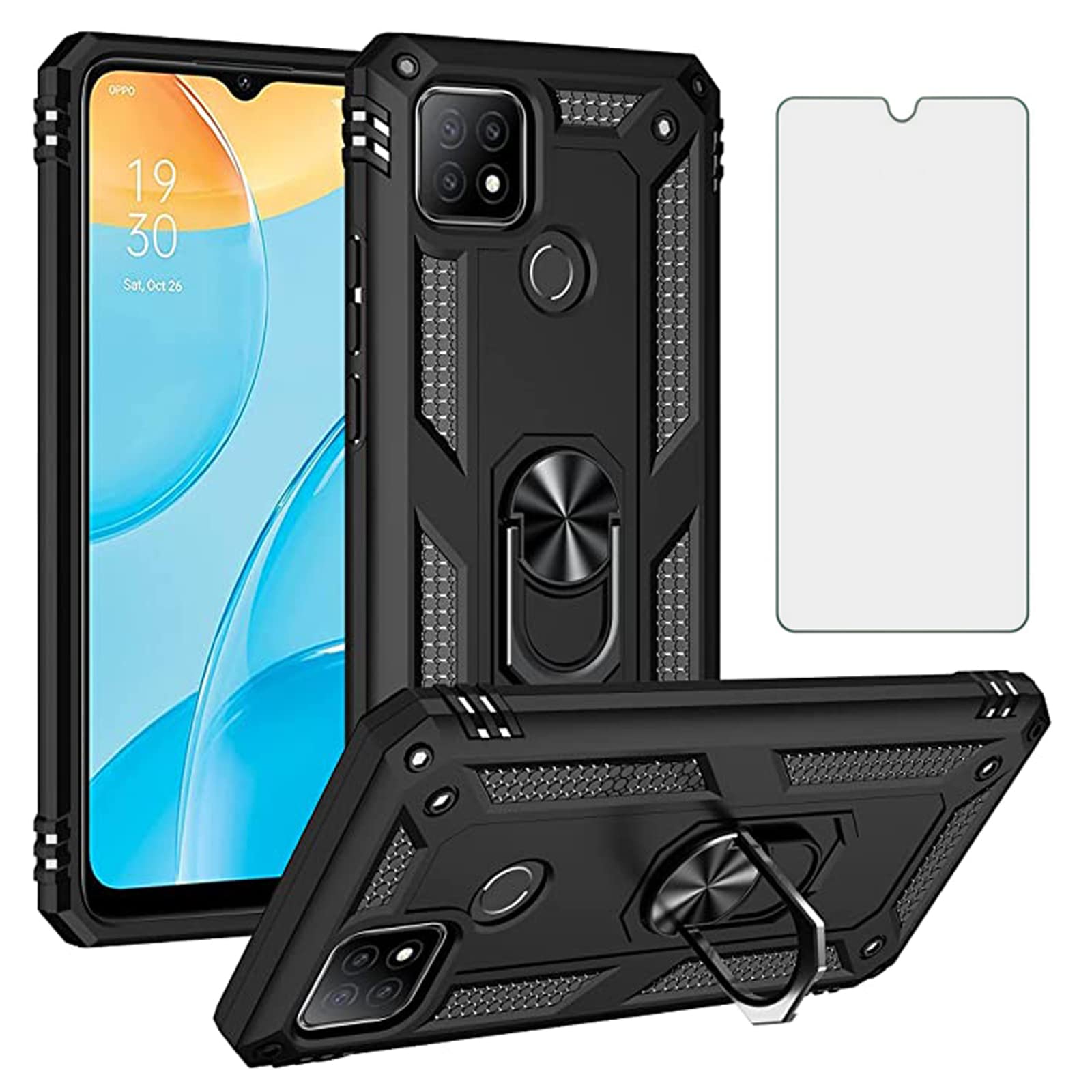 Asuwish Phone Case for OPPO A15/A15S/A35 with Tempered Glass Screen Protector Cover Stand Ring Holder Hard Magnetic Cell Accessories Heavy Duty Shockproof Kickstand OPPOA15 A 15 Women Men Black