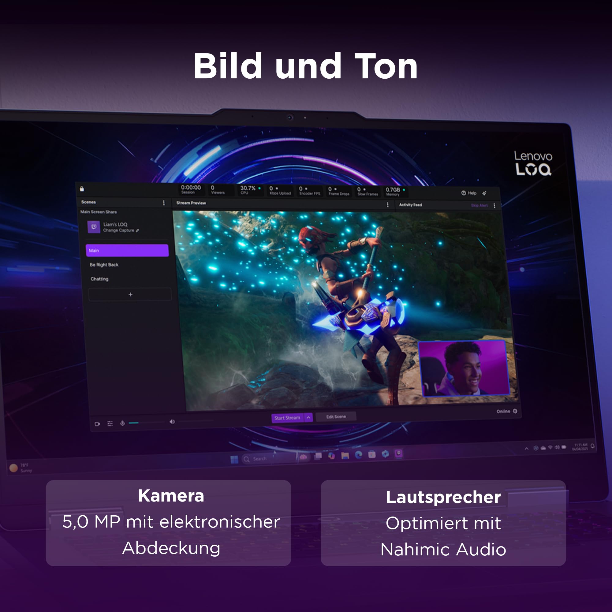 Lenovo LOQ Gaming AI Laptop | 17.3" Full HD 165Hz | NVIDIA GeForce RTX 5070 | Intel Core i7-14700HX | 16GB RAM | 512GB SSD | Ohne Windows | QWERTZ | 24-Zonen-RGB-Tastatur | Grau | 3 Monate Game Pass 8