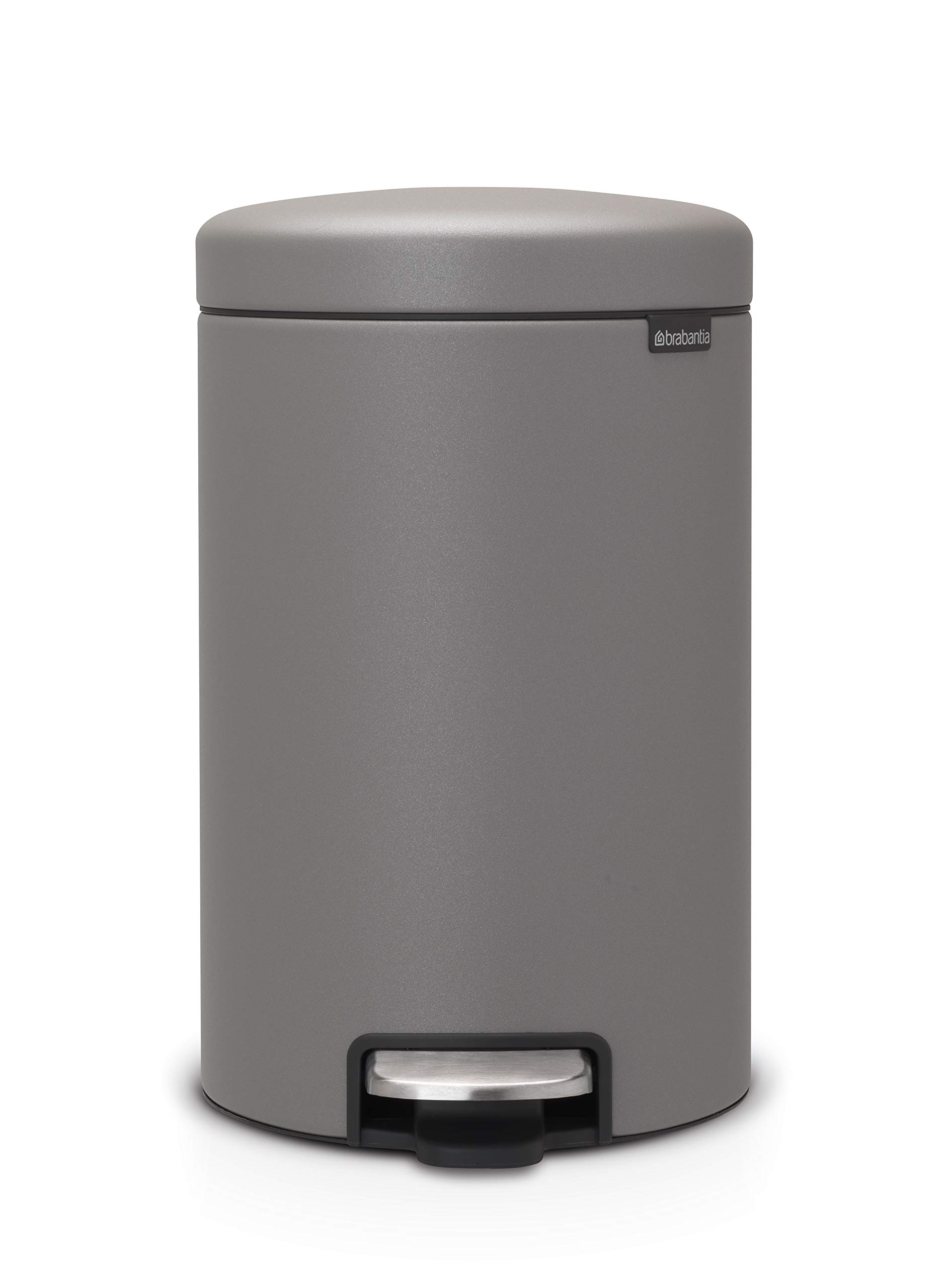 Brabantia NewIcon Pedal Bin 12L (Mineral Concrete Grey) Soft-Closure Rubbish Waste Bin, Removable Inner Bucket + Free Bin Bags