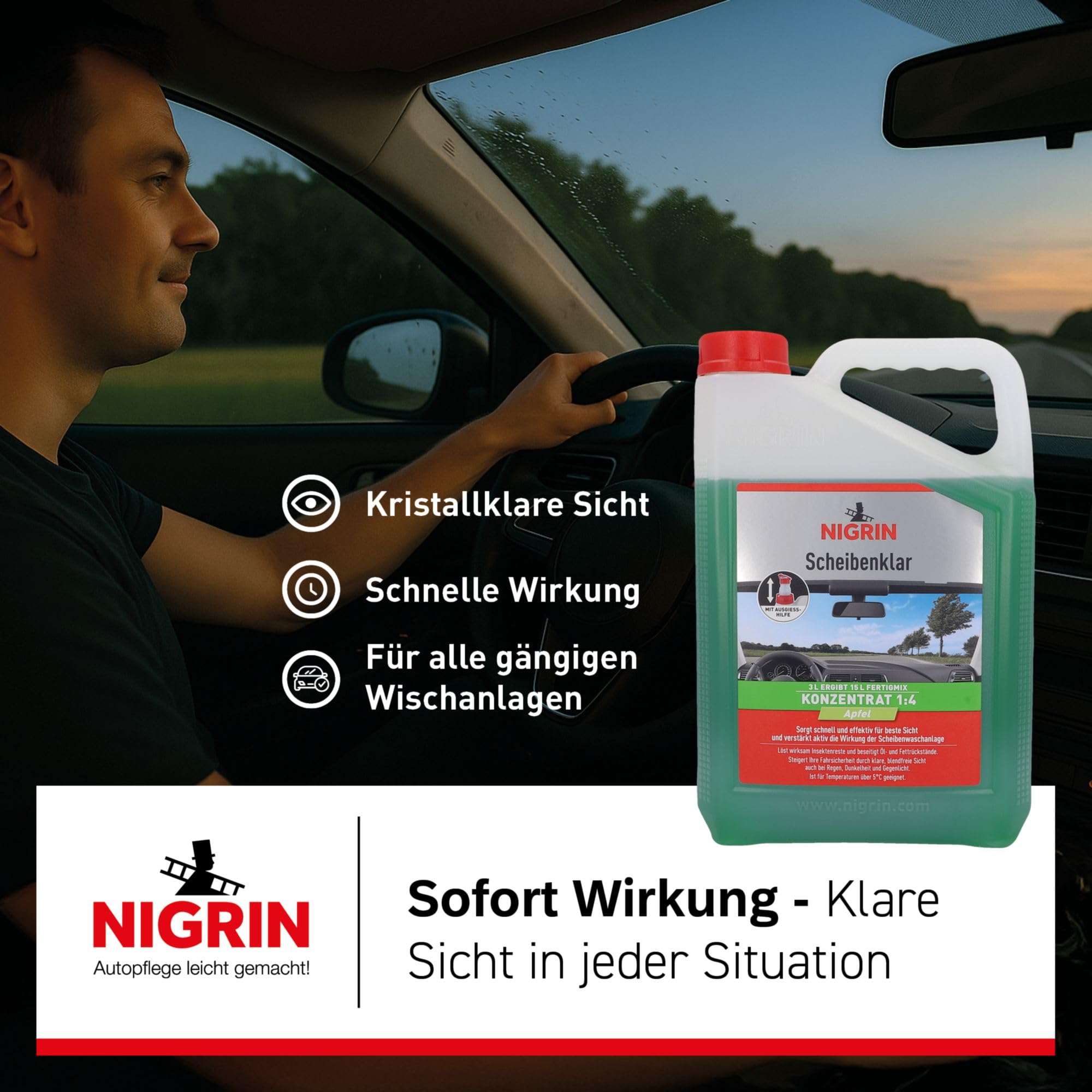 NIGRIN Scheibenklar Konzentrat 1:4 Apfel | 3 Liter | Reinigungszusatz für Autoscheiben und Scheinwerfer | integrierte Ausgießhilfe | entfernt Insekten, Fett | schlierenfrei | sehr ergiebig | ab 5°C 3