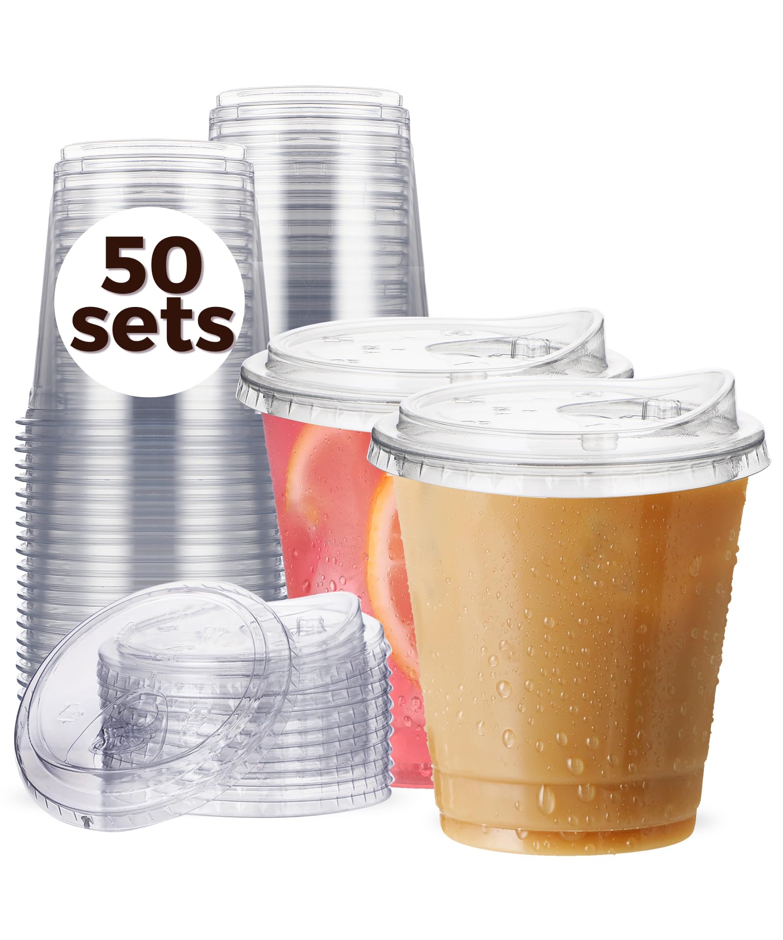 Photo 1 of 12 oz Clear Plastic Cups with Strawless-Sip-Lids, 50 Sets Disposable Cups Plastic Iced Coffee Cups, To Go Cups with Sip Through Lids for Smoothie, Milkshake, Cold Drinks for Party, Wedding, Event