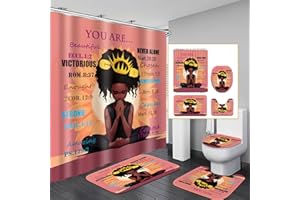 Omebero 4PCS Romantic Sunflower Black Girl Bathroom Shower Curtain Sets with Rugs, African American Praying Girl Shower Curtain Set with Hooks, Inspirational Quote Soft Shower Curtains Bath Mat Set
