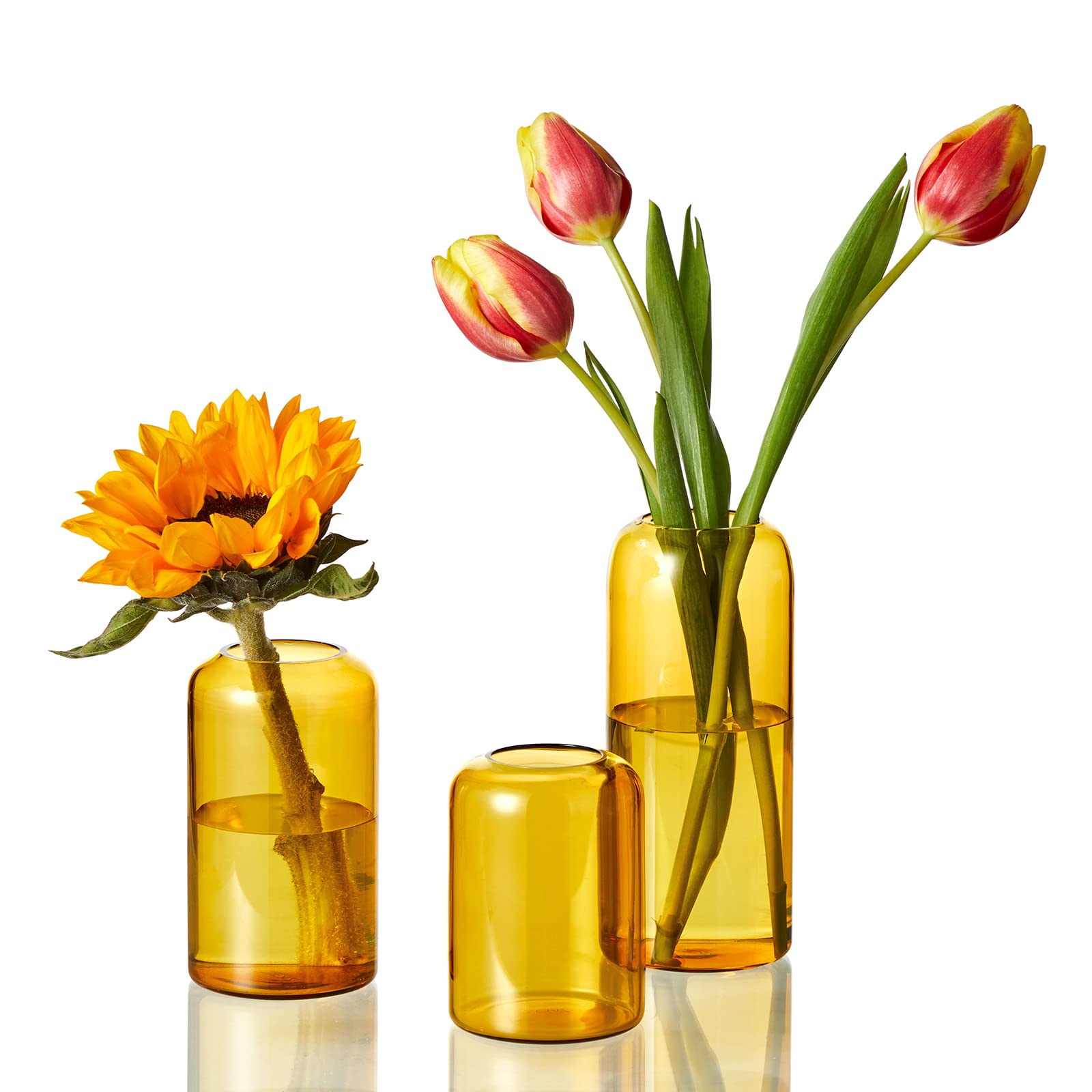 ZENS Glass Vase Set of 3, Amber Bud Vases for Table Centerpiece, Modern Blown Tube Vases for Flowers, Wedding Party Events Decorative Home Decorations