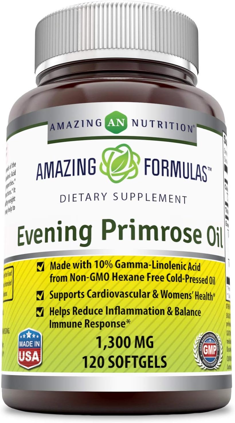 Amazing Formulas Evening Primrose Oil 1300 Mg 120 Softgels - High Potency- Made with 10% Gamma Linoleic from Non-GMO Hexane Free Cold Pressed Oil: Health & Personal Care