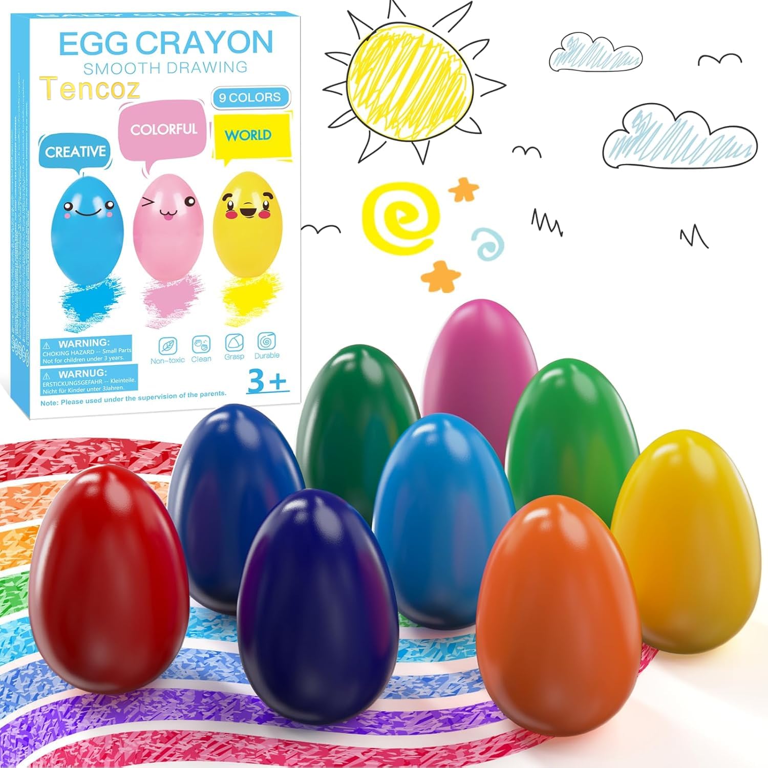 Tencoz 9 Colors Easter Egg Crayons for Toddlers, Easy Grip Palm-Grasp Washable Drawing Tools, Easter Basket Stuffers for Kids 3+, Drop-Resistant First Art Supplies, Birthday Gifts for Boys Girls