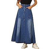Allegra K Casual Denim Skirt for Women's High Waisted A-Line Flared Maxi Skirts