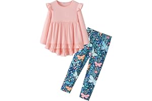 Yekaty Girls Clothes Ruffle Shoulder High Low Hem Long Sleeve Top and Floral Pants 2 Piece Fall Outfits Clothing Set