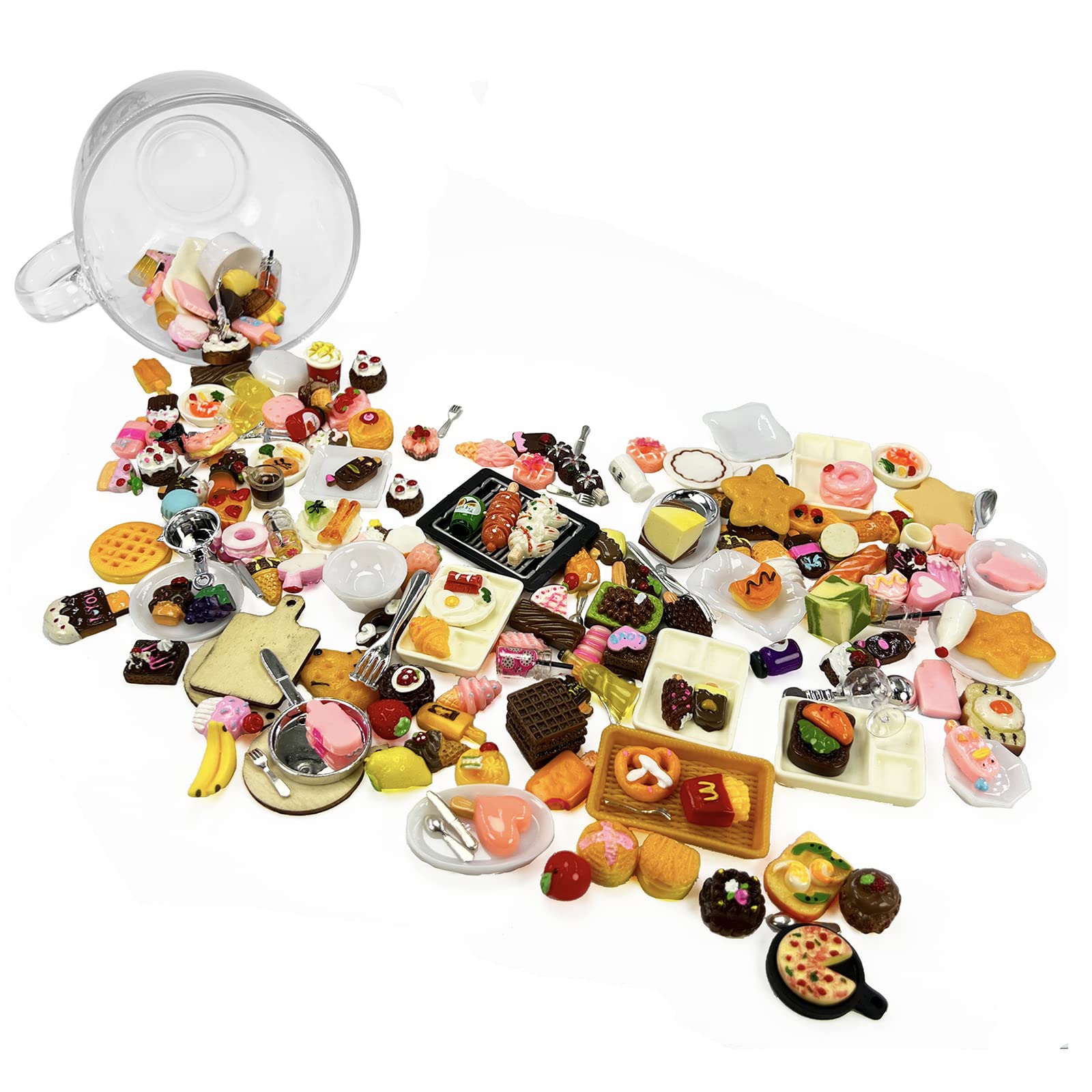 200 Piece Dollhouse Miniature Food Pretend Fast Food Toy Set Burger Fries Milk Cake Egg Bread Pizza Coffee etc Doll Food Kitchen Accessories Toys Kids Party Accessories Restaurant