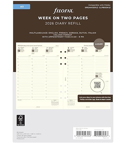Filofax Terminplaner 26-68522R, A5, Woche Auf 2 Seiten, Englisches
