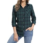 Fuinloth Women's Flannel Button Down Shirt, Plaid Long Sleeve Pure Cotton with Pocket