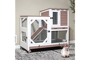 Gutinneen 2-Story Rabbit Hutch with Chew-Proof Ramp & Leak-Proof Trays - Indoor/Outdoor 39.3" Wooden Rabbit Cage with Wheels for Rabbits, Guinea Pigs