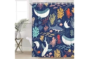 Lacoiime Shark Shower Curtain, Blue Azure Boho Ocean Fish Shower Curtain Abstract Underwater Animal Cartoon Bathroom Curtain with Colorful Fabric Shower Curtains for Kids Bathtub Decor (70X70IN)