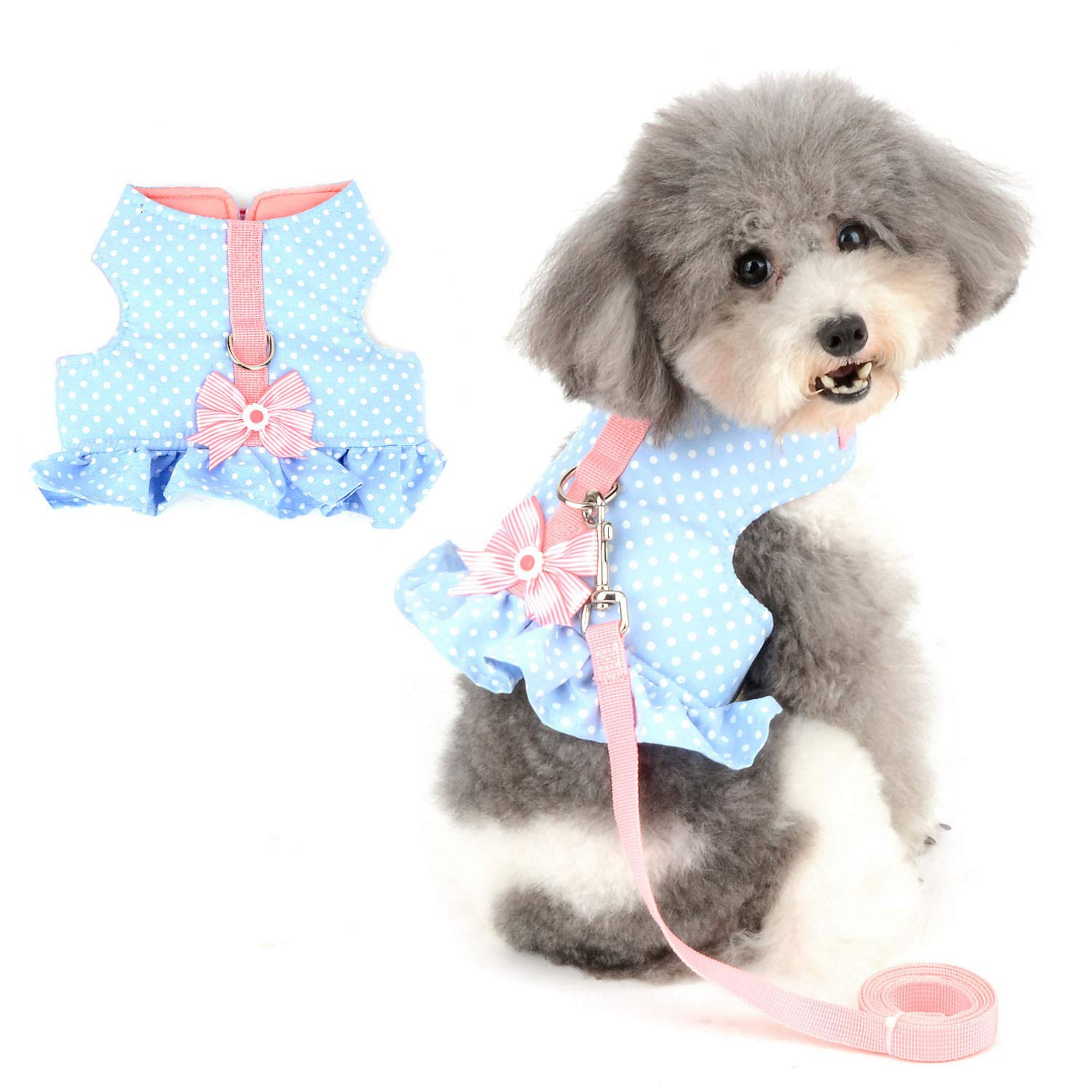 Zunea Small Dog Girl Harness and Lead Set No Pull Chihuahua Dress Escape Proof Cat Kitten Vest Harness Step-In Soft Cotton Padded Polka Dot Puppy Jacket Clothes with Cute Bow for Walking Blue XS