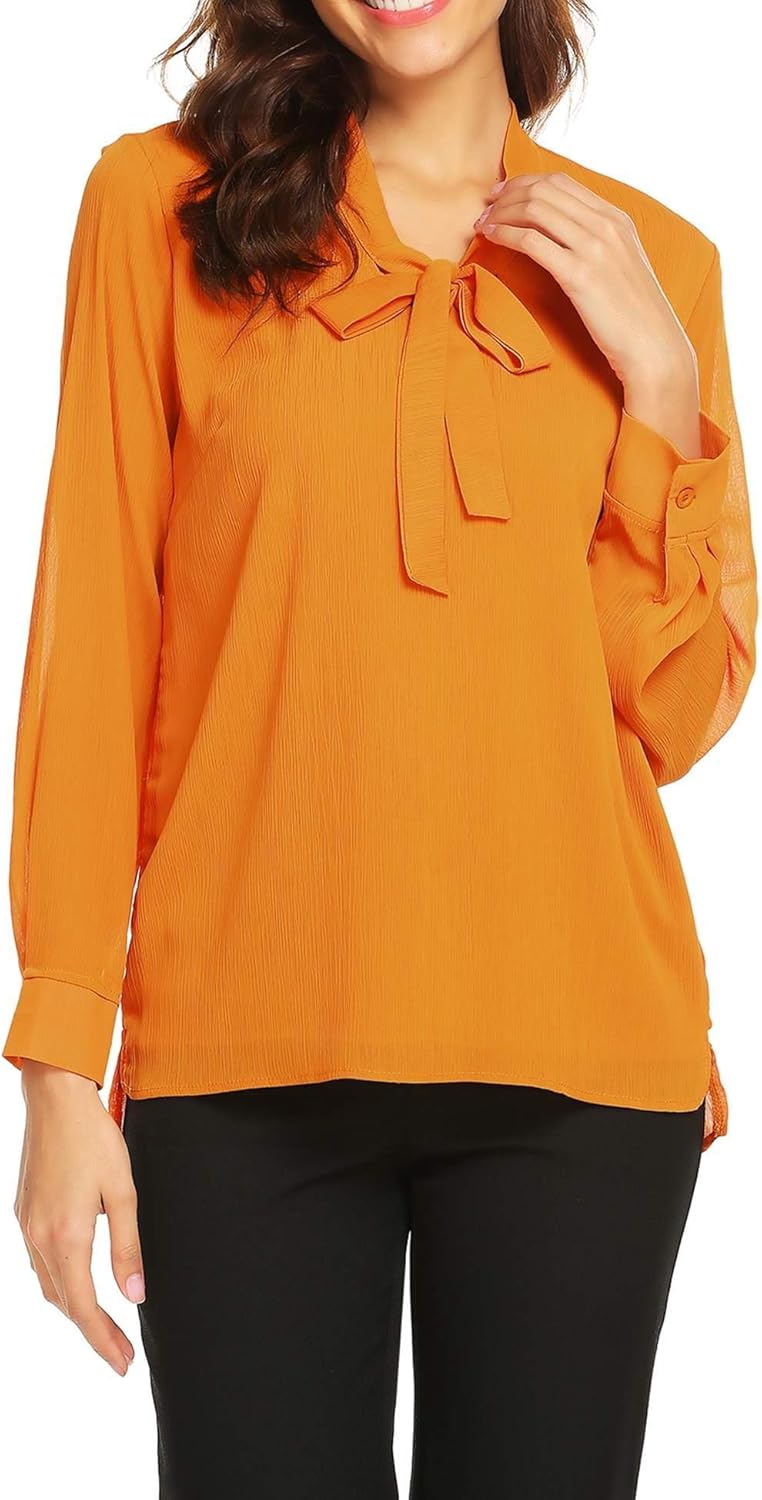 ACEVOG Womens Bow Tie Neck Long/Short Sleeve Casual Office Work Chiffon Blouse Shirts Tops: Clothing