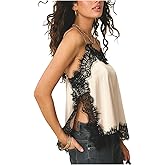 RoseSeek Women's Lace Trim Patchwork Cami Top V Neck Sleeveless Tops with Side Slit Elegant Tops