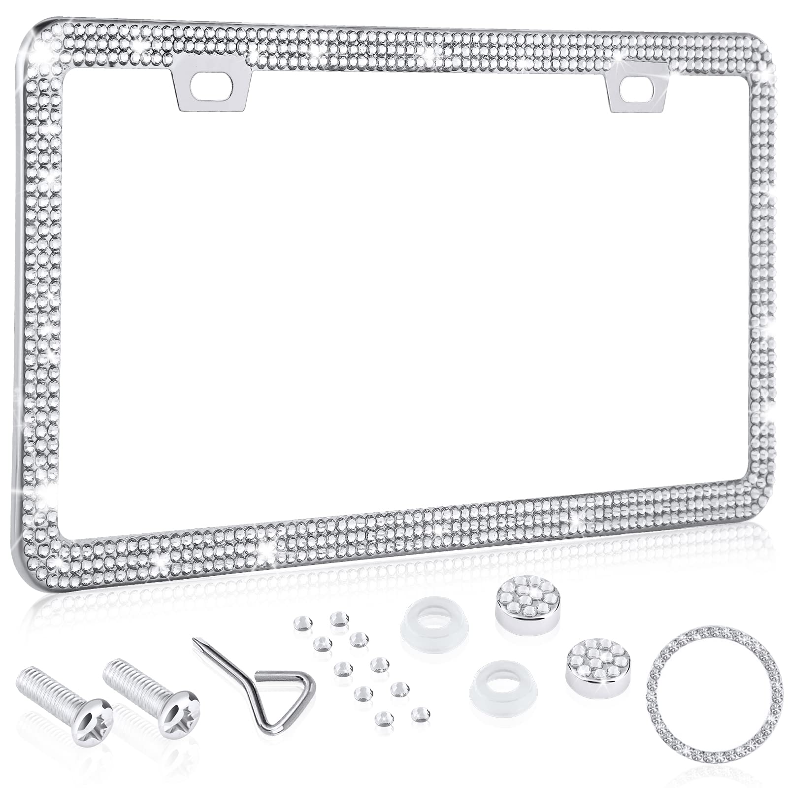 Photo 1 of 1 Pack Bling License Plate Frame with Car Engine Start Stop Button Cover, Thin Border Luxury Clear Glass Crystal Rhinestone License Plate Frame, White