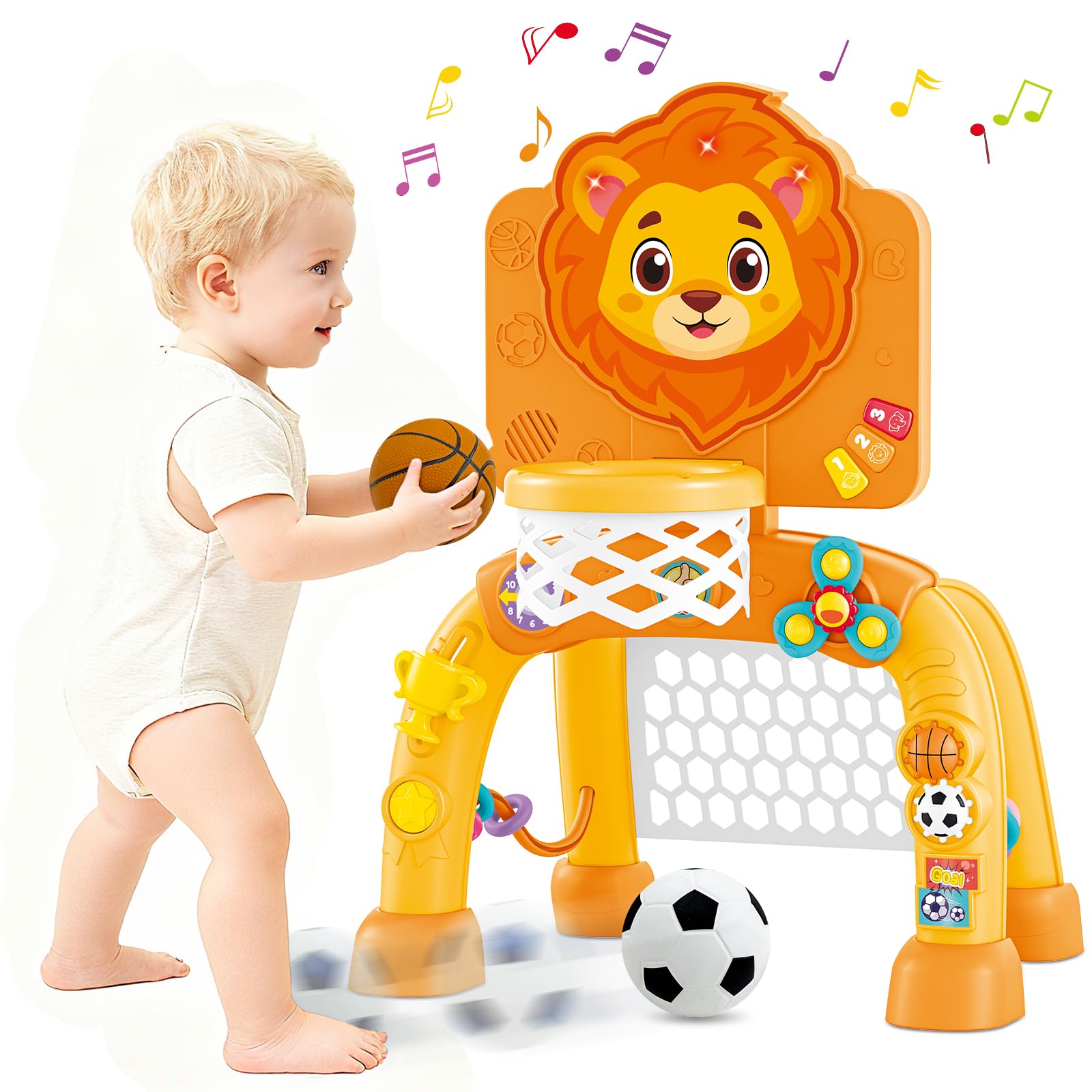 Photo 1 of 2 in 1 Basketball Hoop and Soccer Goal Set, Toddler Sports Toy for Indoor Outdoor Play, Perfect Christmas Birthday Gift for Baby Boys and Girls 1 2 3 Year Old?Lion Theme