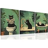 Funny Bathroom Black Cat Wall Art Set of 3, Whimsical Animal Bathroom Wall Decor Painting Maximalist Quirky Dark Pet Cat Toilet Canvas Poster Prints Aesthetics, Framed 12x16 inch