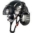 SAFEBUILDER Safety Helmet with Visor Ear Muffs Work at Hight Carbon Fiber Abs Hard Hats for Industrial Construction Head Protection ANSI Z89.1 Approved（Black Hard Hat+Clear&Tinted Visor+B07 Ear Muffs）