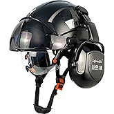 SAFEBUILDER Safety Helmet with Visor Ear Muffs Work at Hight Carbon Fiber Abs Hard Hats for Industrial Construction Head Protection ANSI Z89.1 Approved（Black Hard Hat+Clear&Tinted Visor+B07 Ear Muffs）