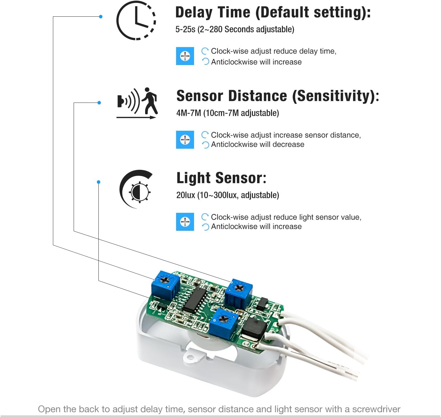 Sensky BS010WL 12V-30V 3A PIR Motion Sensor Switch Distance Time Lux Adjustable Light Sensor Switch(White, with Light Sensor) - Image 5