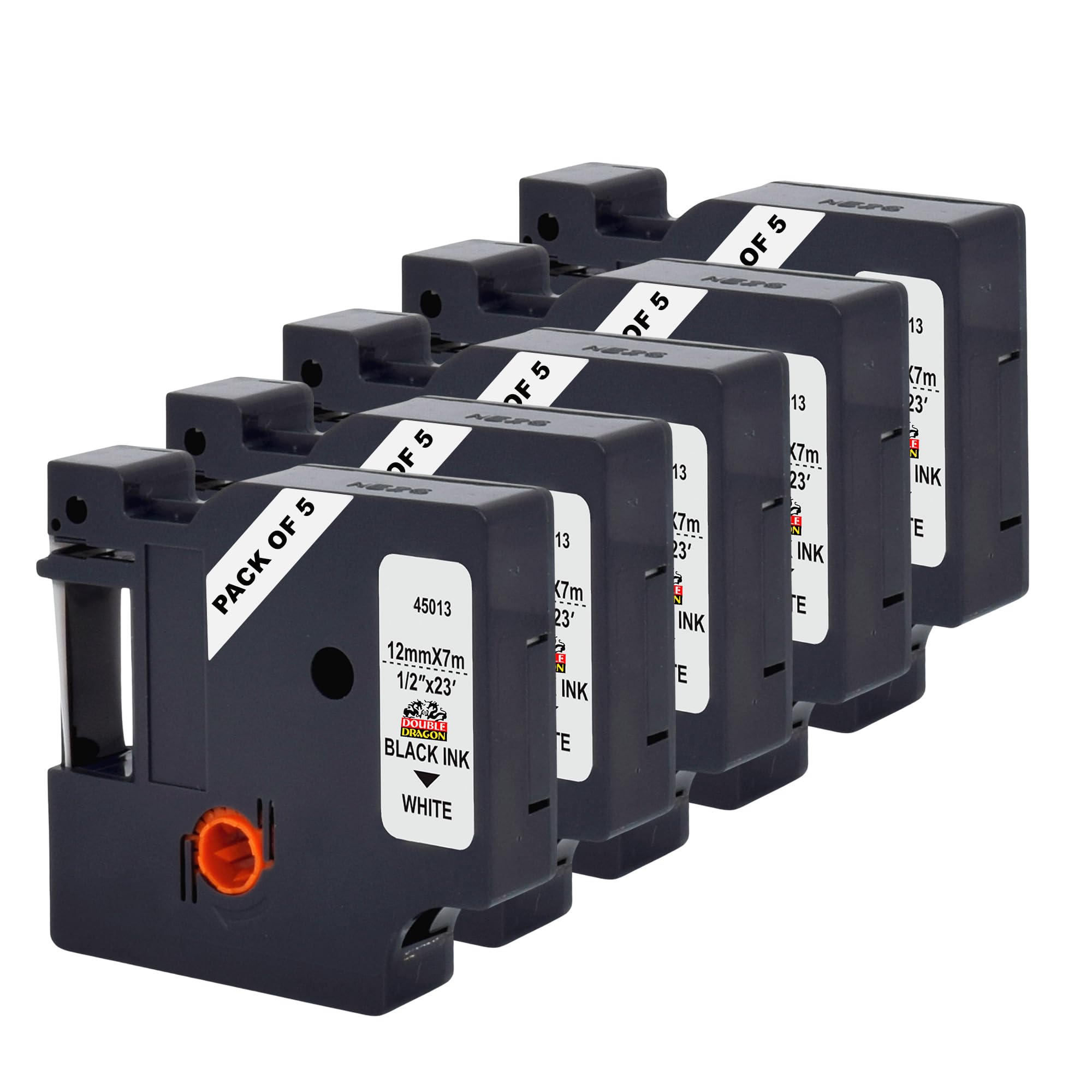 Double Dragon Compatible Dymo D1 Label Tape 45013, A45013, S0720530 | Refill for LabelManager 160 210D 280 360D 420P, LabelWriter 450 Duo, LabelPoint 100 150 250 | Black on White 12mm x 7m (5-Pack)