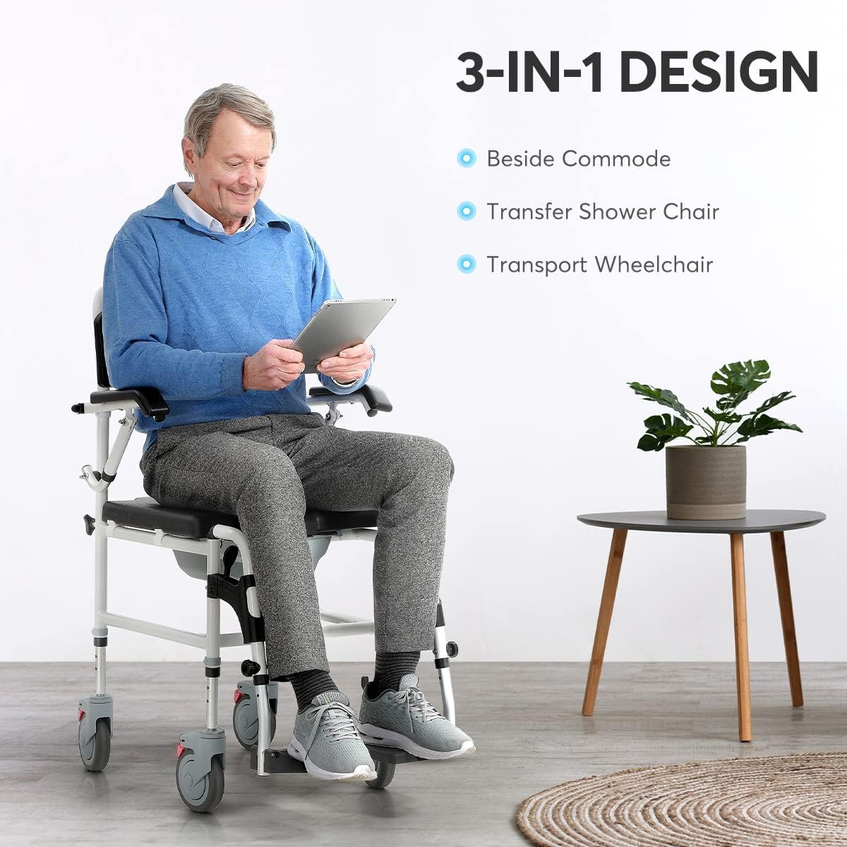 OasisSpace Shower Commode Wheelchair - 300LB Waterproof Shower Chair with Wheels, Rolling Shower Chair with Swing Away Footrests and Flip Back Arms for Elderly Adults Diasbled (FSA or HSA Eligible)