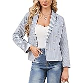 Women's Striped Double Breasted Denim Blazer Jacket Notched Lapel Long Sleeve Open Front Suit Jacket