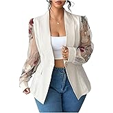 Floerns Women's Plus Size Floral Mesh Blazer Jacket Button Down Long Sleeve Business Casual Outfit